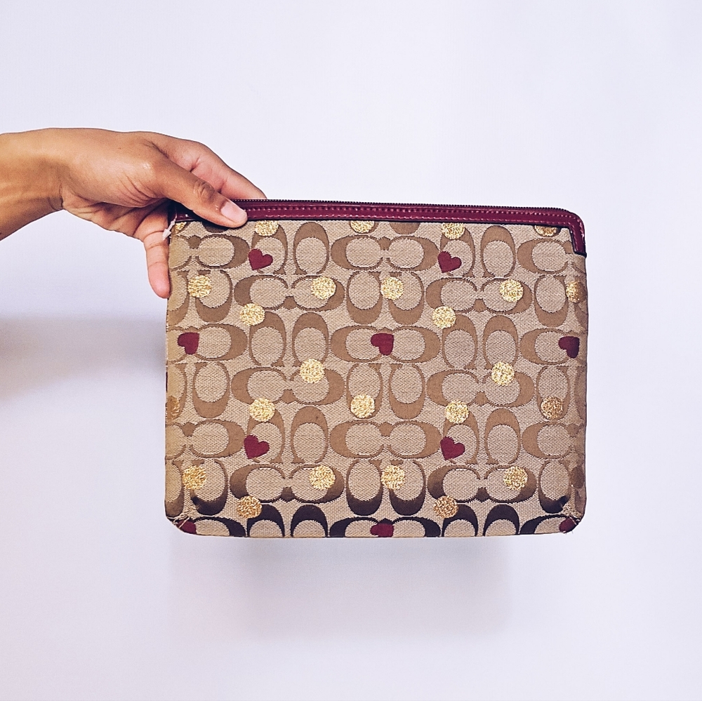 Coach Beige Signature Canvas Tablet Case with Maroon Trim and Gold Accents